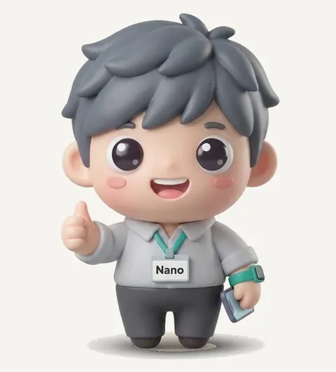 Nano, o assessor em 3D de cabelo grafite, camisa social e crachá Nano, sorrindo