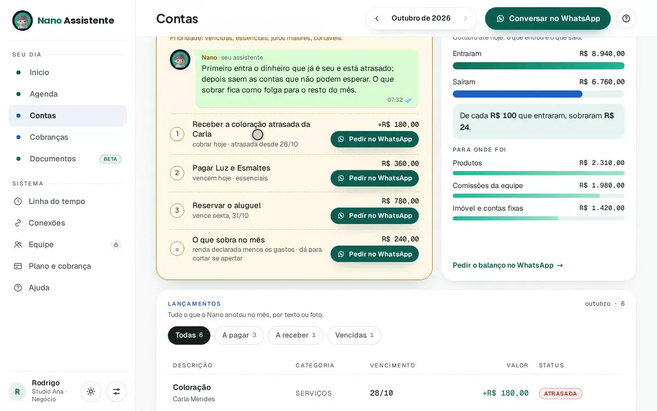 Tela Contas do painel com o plano para colocar as contas em dia