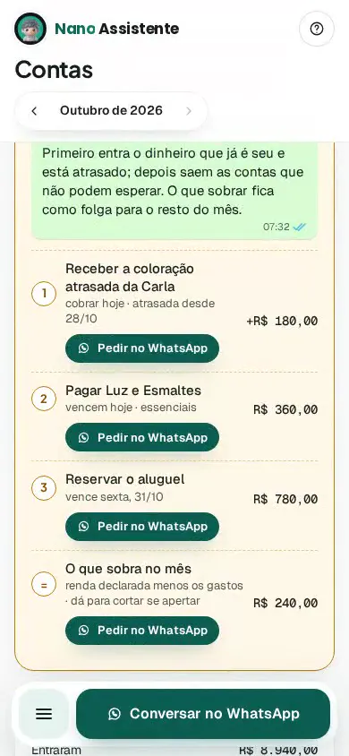 Tela Contas do painel no celular com o plano para colocar as contas em dia