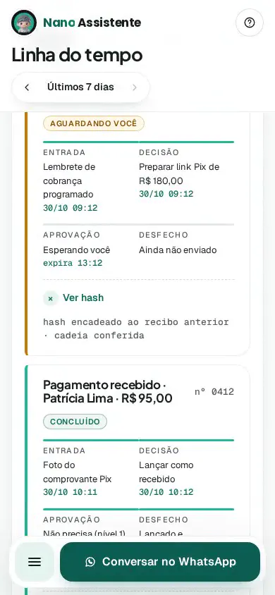 Linha do tempo do painel no celular com o recibo e o hash abertos